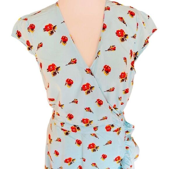 J Crew Mercantile blue floral faux wrap style ruffle dress size 4. - Picture 3 of 7